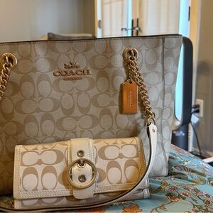 Coach Signature Canvas Tote and Matching Wallet in Beige